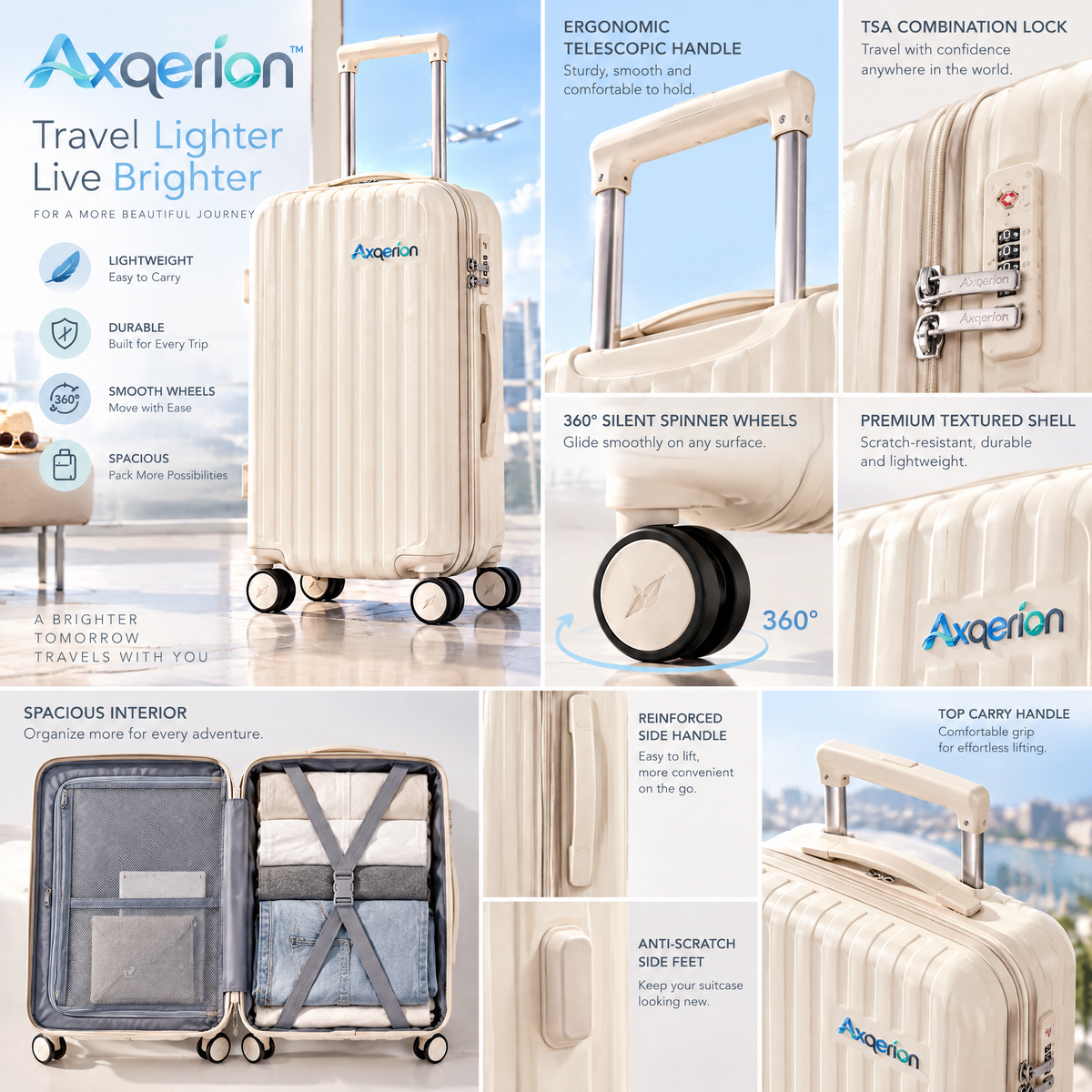Axqerion™ Classic Ribbed Hardside Carry-On Suitcase – Warm Ivory — details