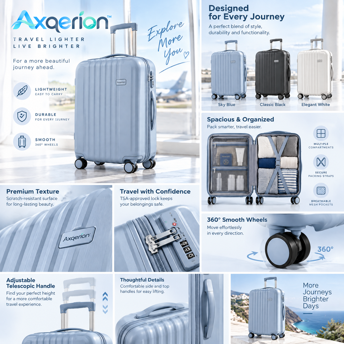 Axqerion™ Mist Blue Ribbed Hardside Carry-On Suitcase — features
