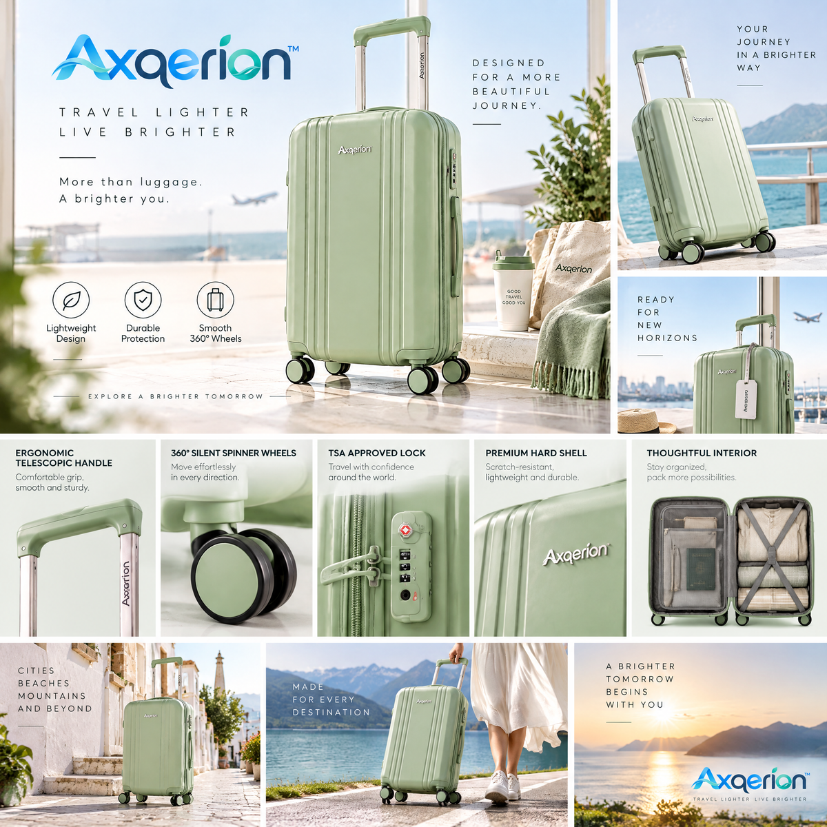 Axqerion™ Sage Green Ribbed Hardside Spinner Suitcase — features