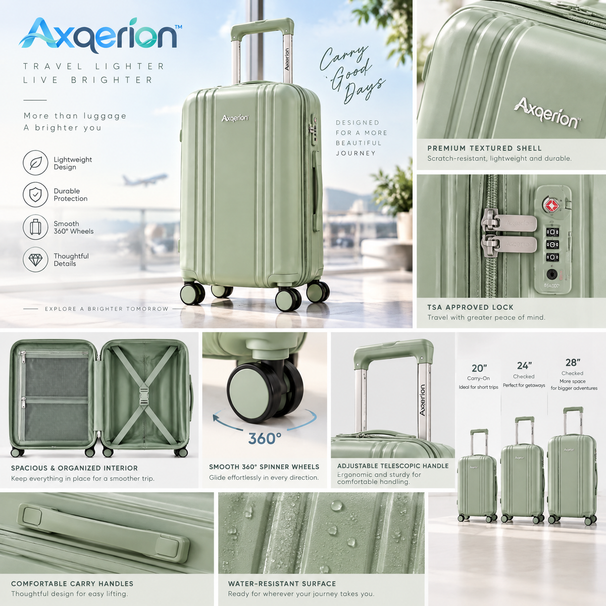 Axqerion™ Sage Green Ribbed Hardside Spinner Suitcase — details
