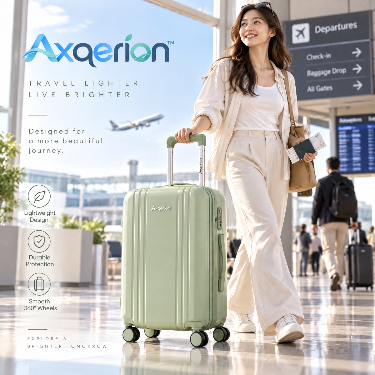 Axqerion™ Sage Green Ribbed Hardside Spinner Suitcase — lifestyle