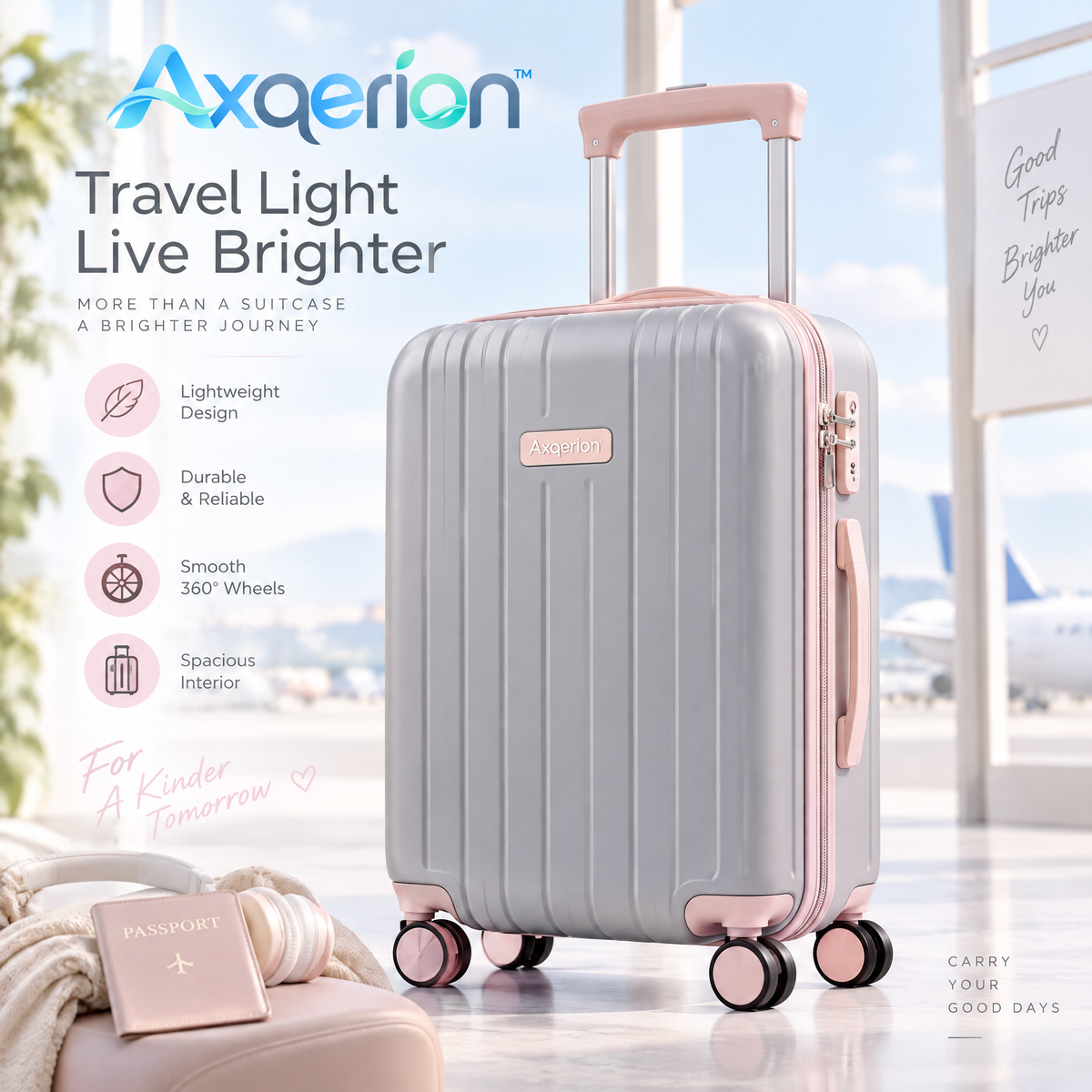 Axqerion™ Blush Accent Hardside Suitcase – Gray & Rose Pink — main view