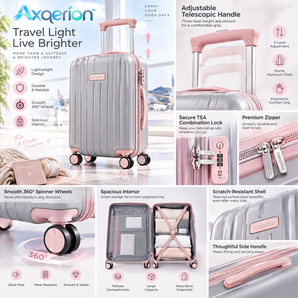 Axqerion™ Blush Accent Hardside Suitcase – Gray & Rose Pink — features