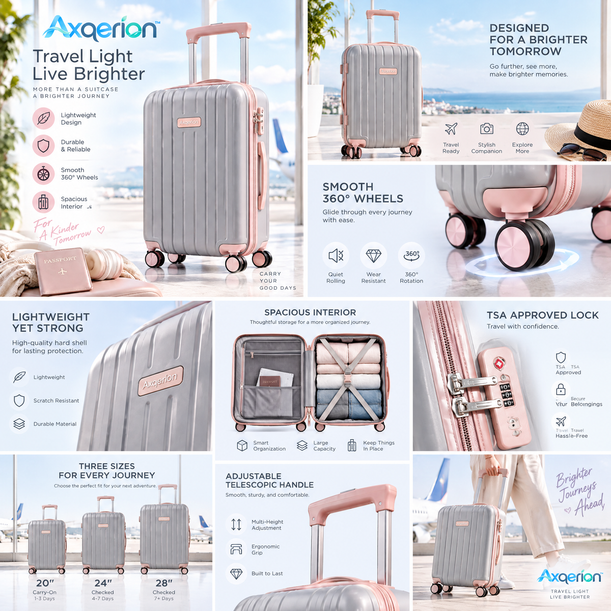 Axqerion™ Blush Accent Hardside Suitcase – Gray & Rose Pink — details