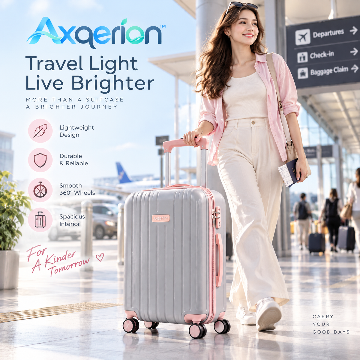 Axqerion™ Blush Accent Hardside Suitcase – Gray & Rose Pink — lifestyle
