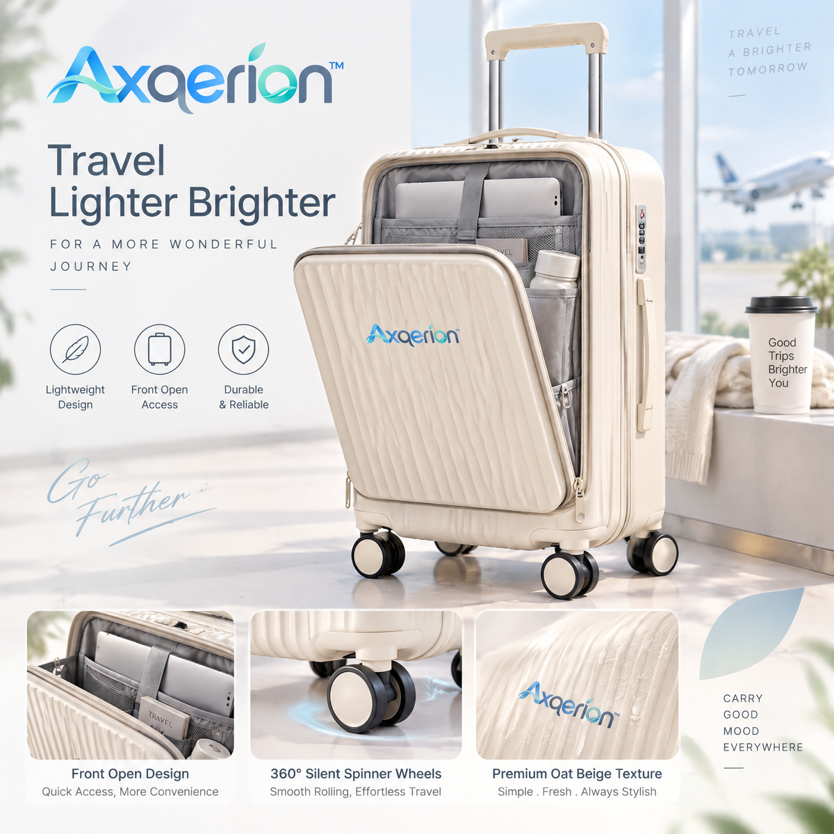 Axqerion™ Front-Opening Carry-On Suitcase – Oat Beige — main view