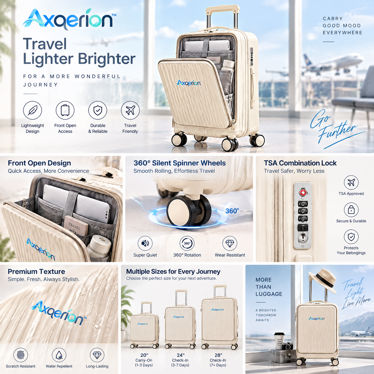 Axqerion™ Front-Opening Carry-On Suitcase – Oat Beige — features