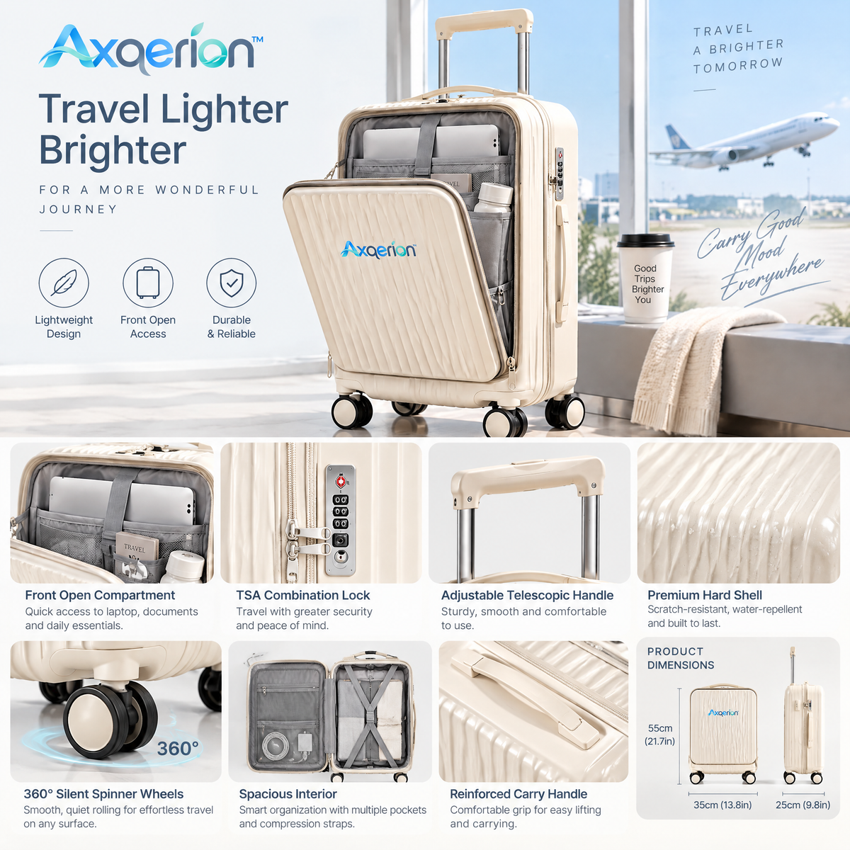 Axqerion™ Front-Opening Carry-On Suitcase – Oat Beige — details