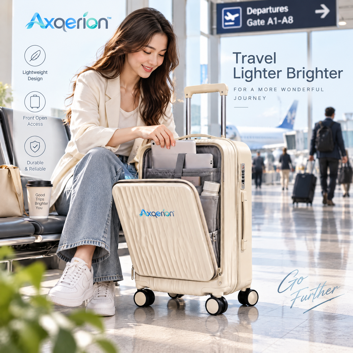 Axqerion™ Front-Opening Carry-On Suitcase – Oat Beige — lifestyle
