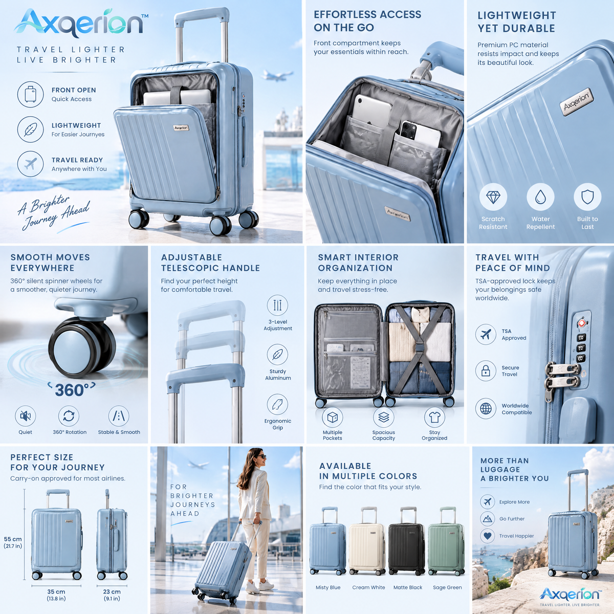 Axqerion™ Front-Opening Carry-On Suitcase – Mist Blue — features