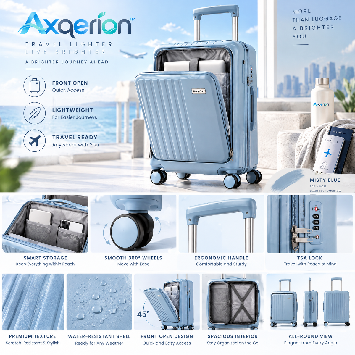 Axqerion™ Front-Opening Carry-On Suitcase – Mist Blue — details