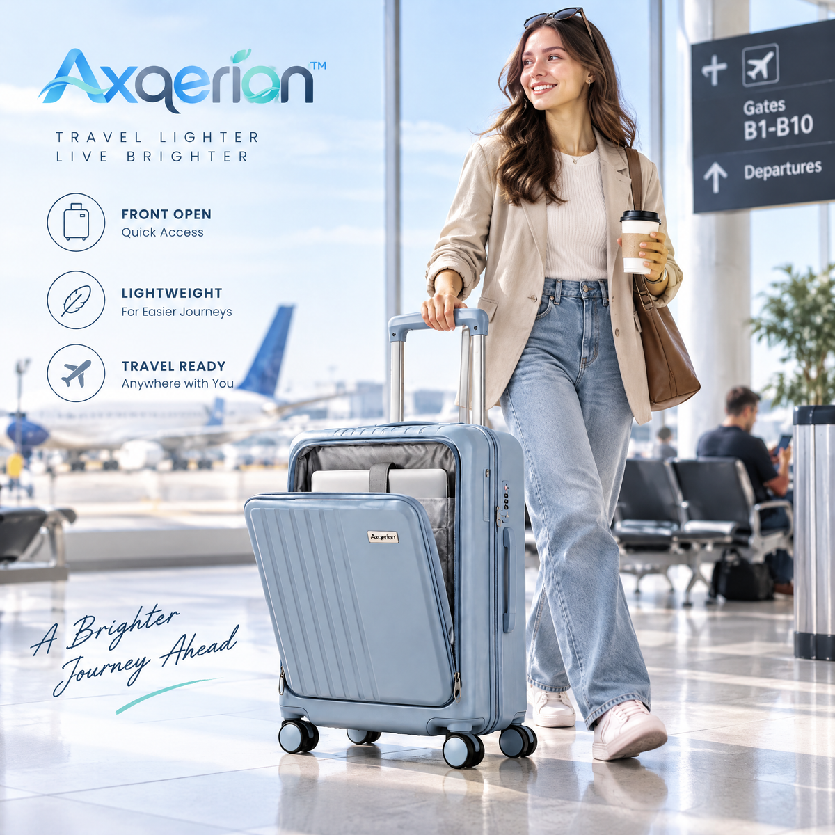 Axqerion™ Front-Opening Carry-On Suitcase – Mist Blue — lifestyle