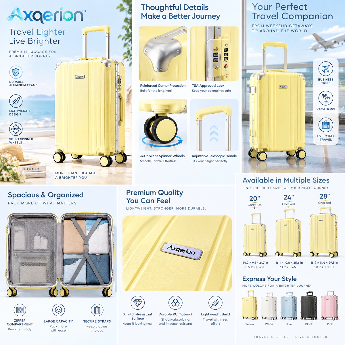 Axqerion™ Yellow Hardside Suitcase with Aluminum-Style Frame — features