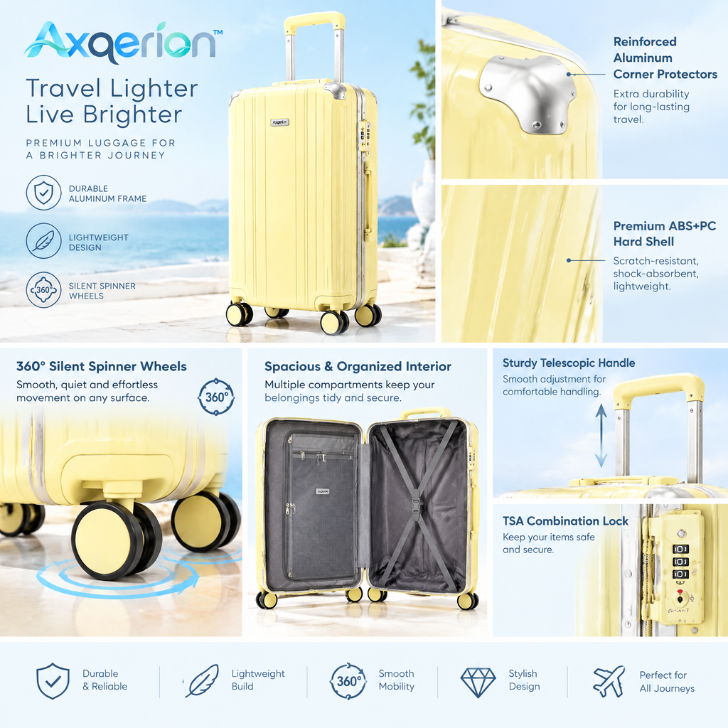 Axqerion™ Yellow Hardside Suitcase with Aluminum-Style Frame — details