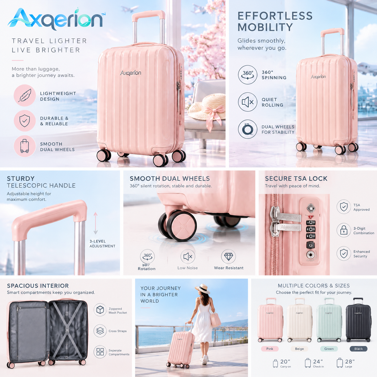 Axqerion™ Glossy Blush Pink Hardside Spinner Suitcase — features