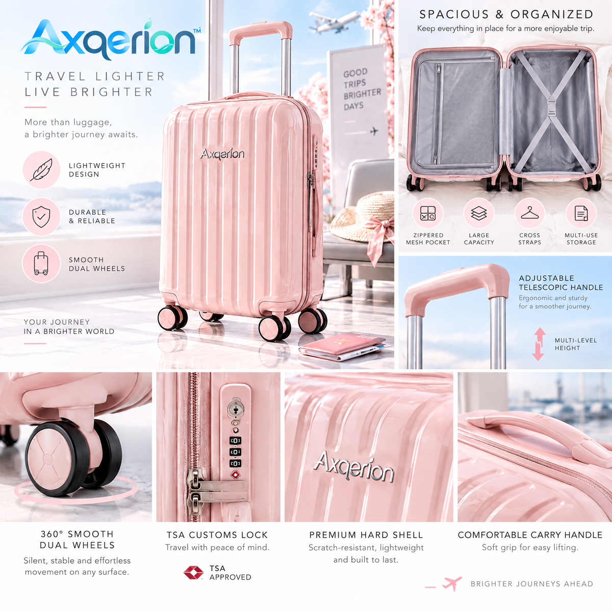 Axqerion™ Glossy Blush Pink Hardside Spinner Suitcase — details