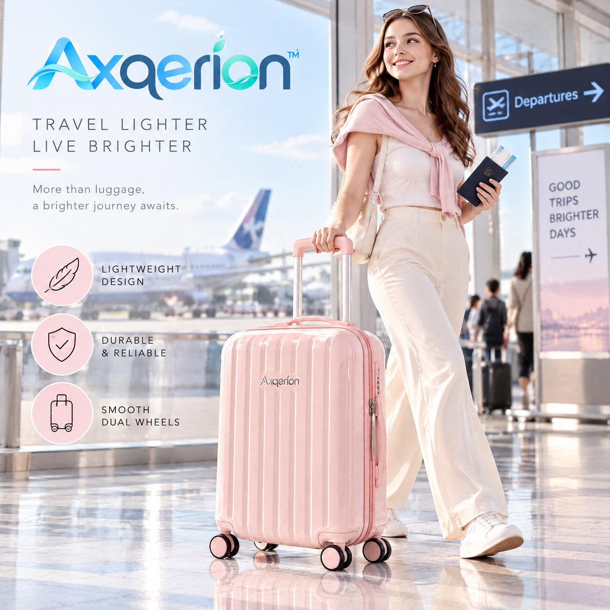 Axqerion™ Glossy Blush Pink Hardside Spinner Suitcase — lifestyle
