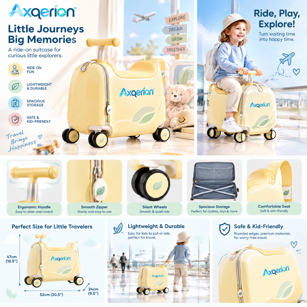 Axqerion™ Kids’ Ride-On Suitcase – Sunny Yellow — features