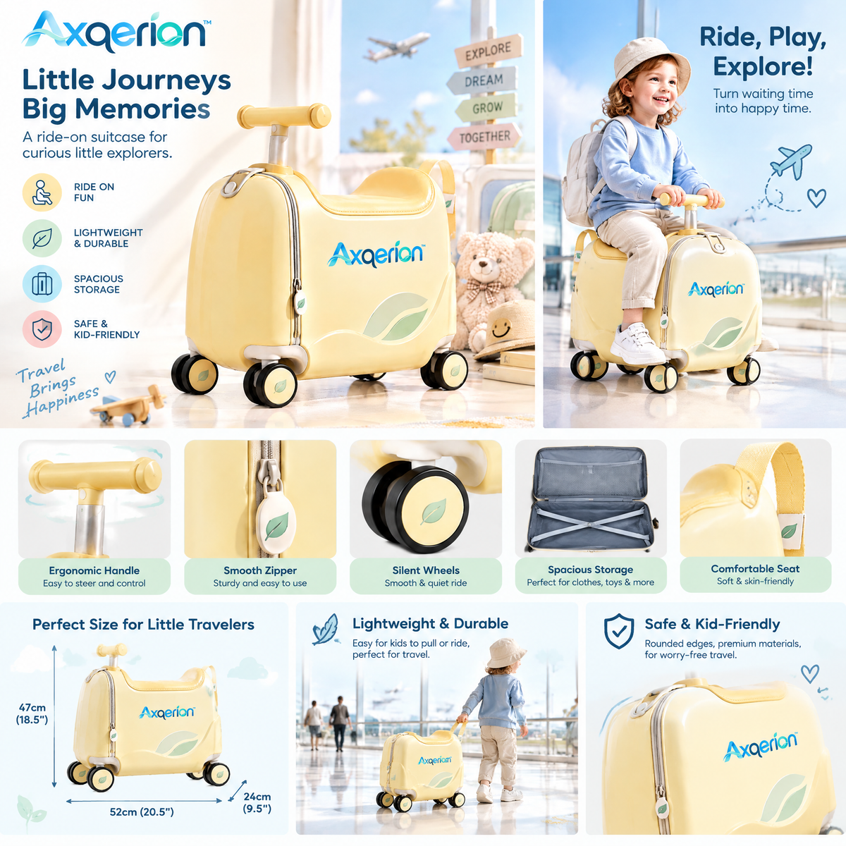 Axqerion™ Kids’ Ride-On Suitcase – Sunny Yellow — features