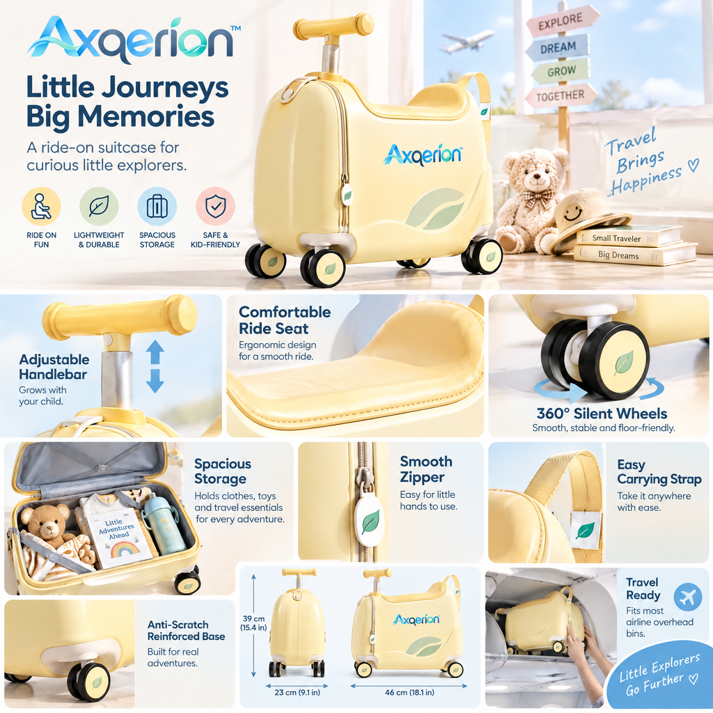 Axqerion™ Kids’ Ride-On Suitcase – Sunny Yellow — details