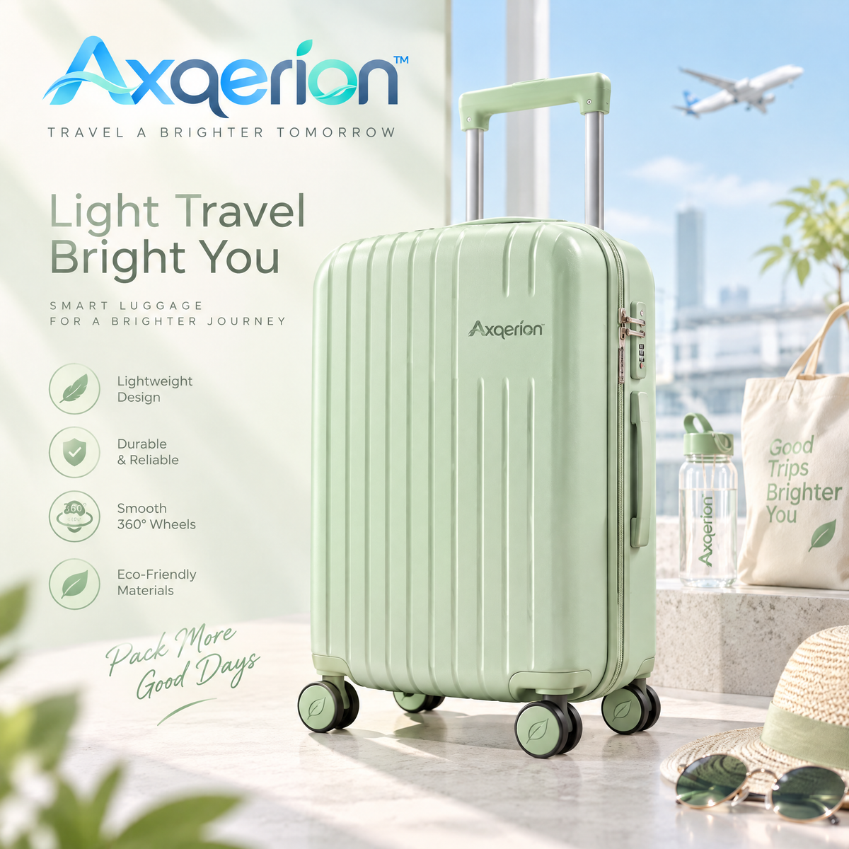 Axqerion™ Sage Green Ribbed Spinner Suitcase – Eco-Inspired Style — main view