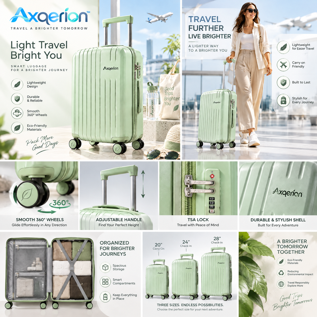 Axqerion™ Sage Green Ribbed Spinner Suitcase – Eco-Inspired Style — features