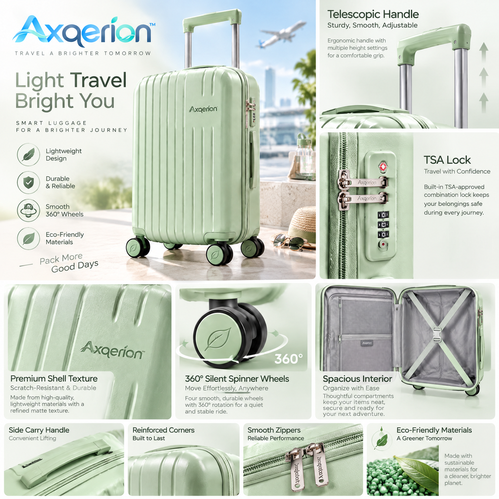 Axqerion™ Sage Green Ribbed Spinner Suitcase – Eco-Inspired Style — details