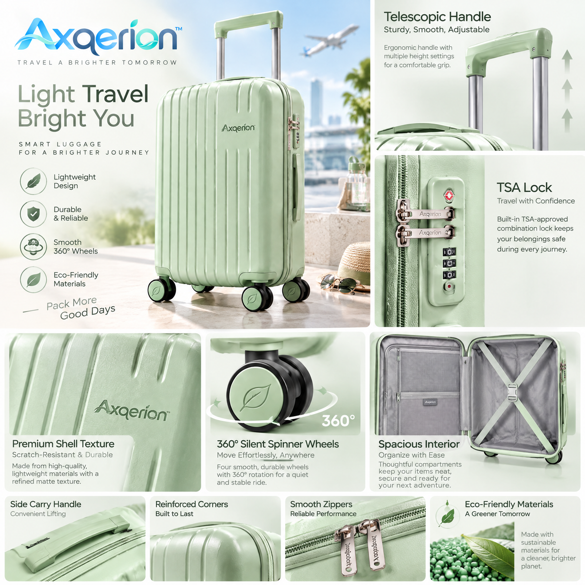 Axqerion™ Sage Green Ribbed Spinner Suitcase – Eco-Inspired Style — details