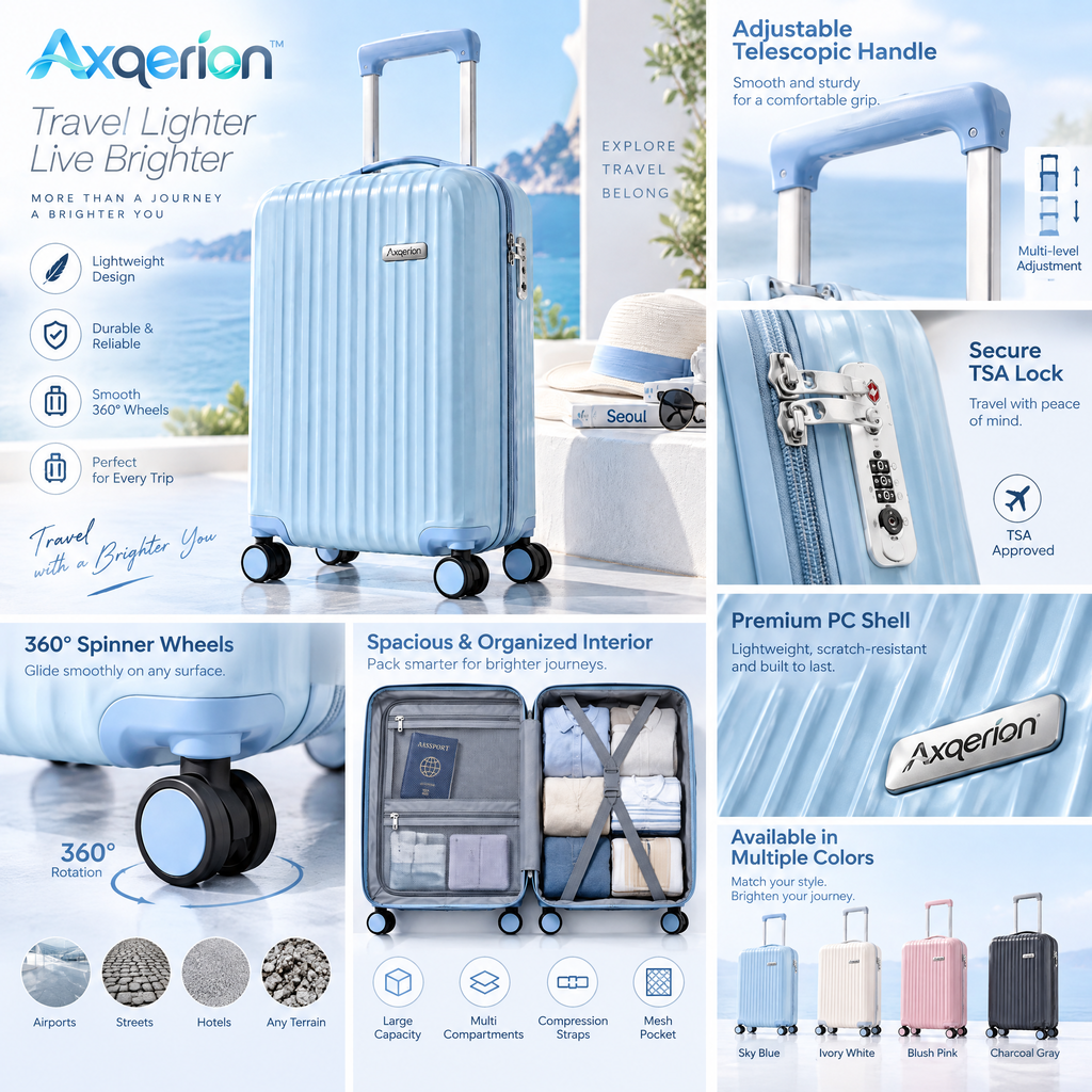 Axqerion™ Sky Blue Hardside Spinner Suitcase — features