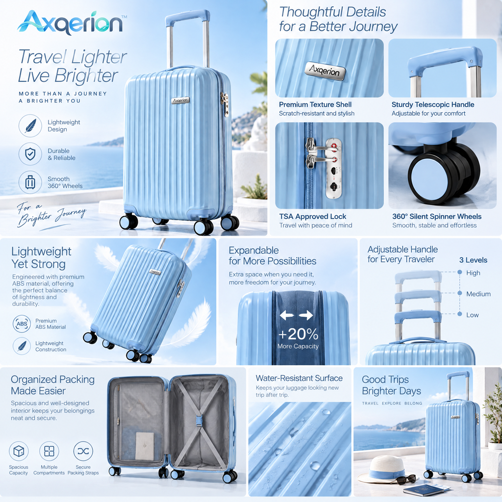 Axqerion™ Sky Blue Hardside Spinner Suitcase — details