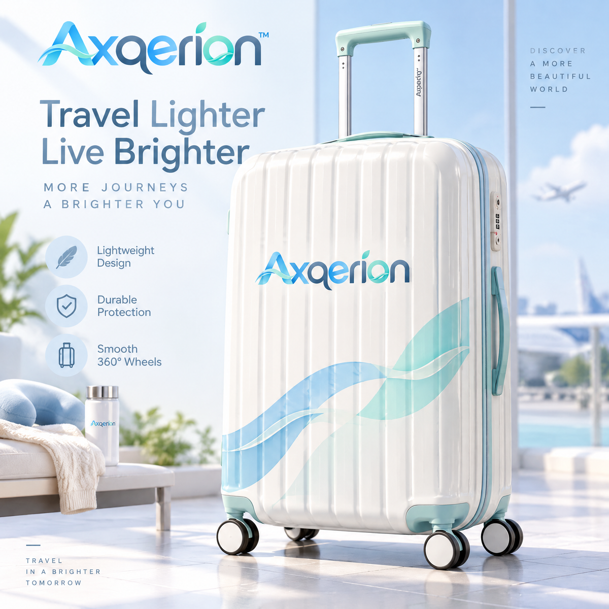 Axqerion™ Ivory Suitcase with Blue-Green Wave Accent — main view