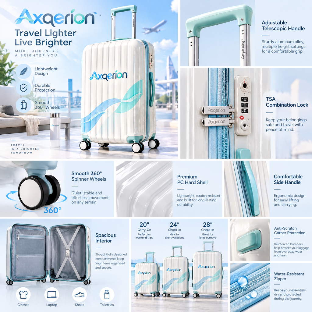 Axqerion™ Ivory Suitcase with Blue-Green Wave Accent — features