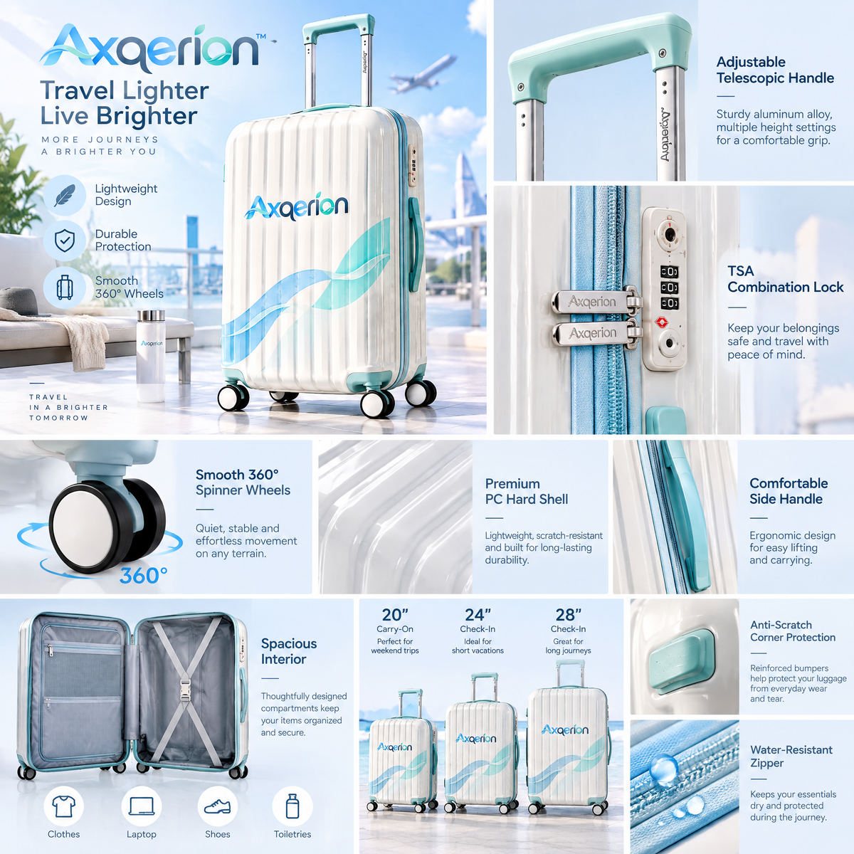 Axqerion™ Ivory Suitcase with Blue-Green Wave Accent — features