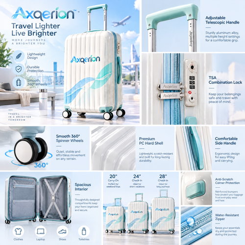 Axqerion™ Ivory Suitcase with Blue-Green Wave Accent — features