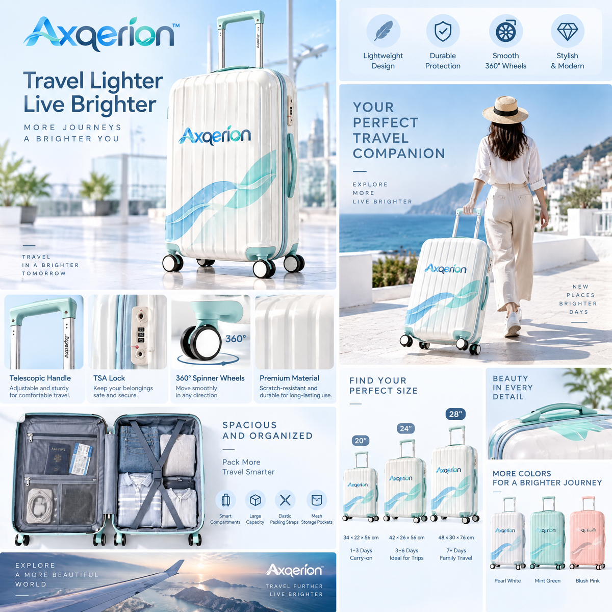 Axqerion™ Ivory Suitcase with Blue-Green Wave Accent — details