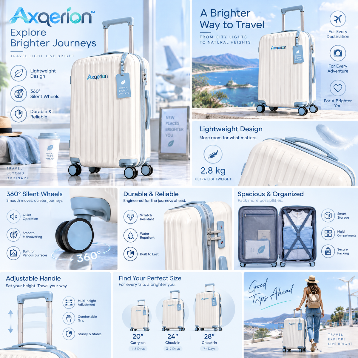 Axqerion™ Ivory Spinner Suitcase with Blue Luggage Tag — features