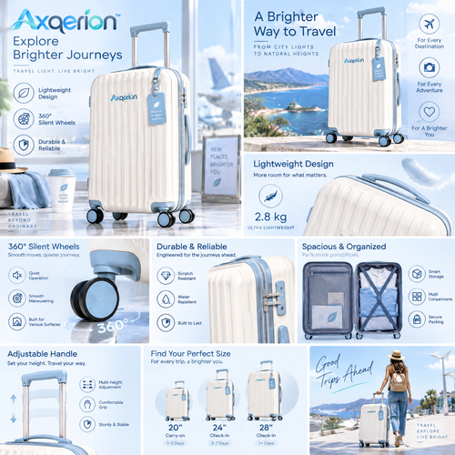 Axqerion™ Ivory Spinner Suitcase with Blue Luggage Tag — features