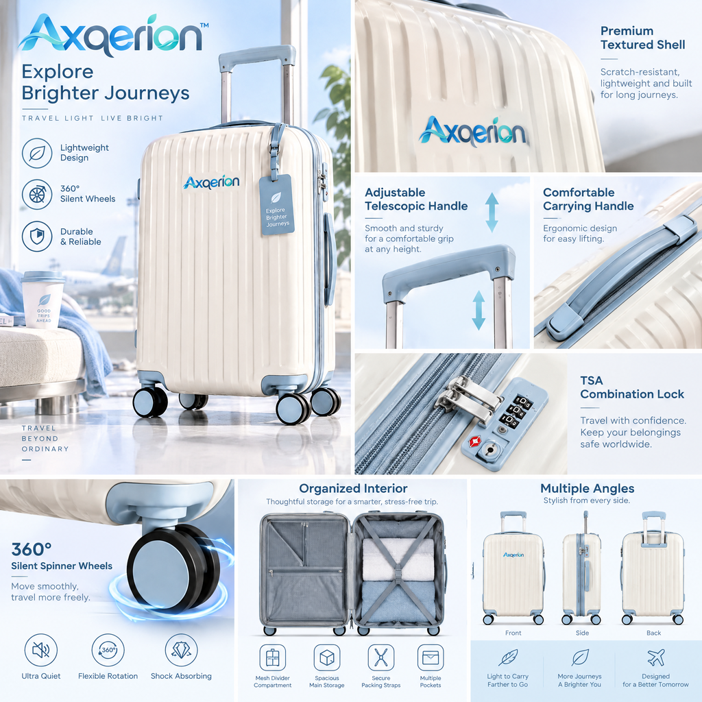 Axqerion™ Ivory Spinner Suitcase with Blue Luggage Tag — details
