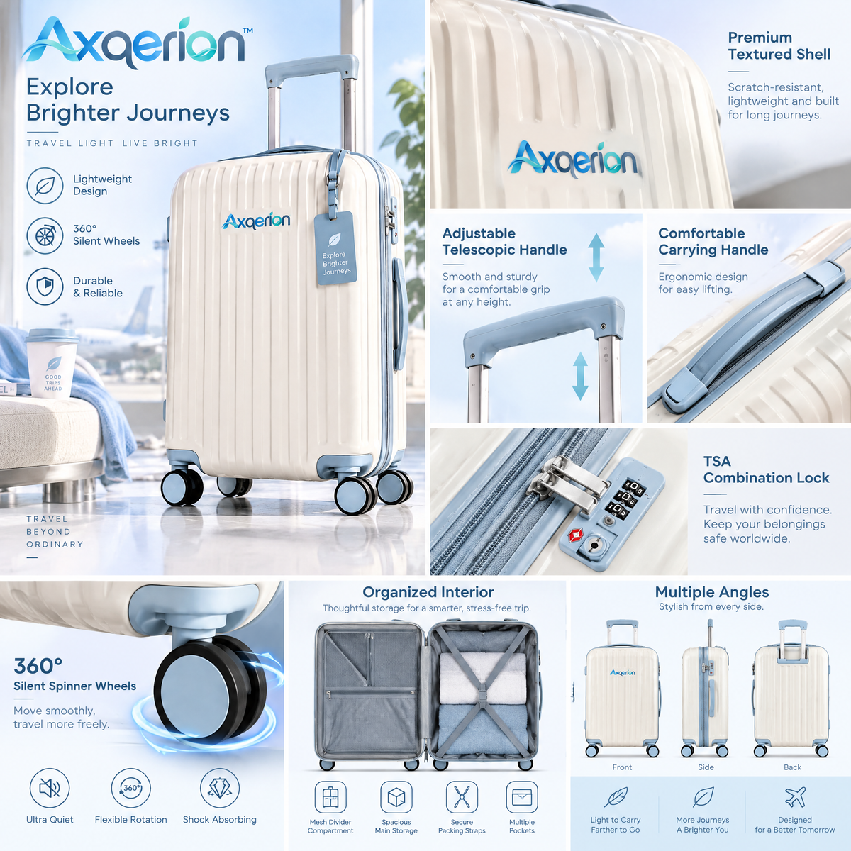 Axqerion™ Ivory Spinner Suitcase with Blue Luggage Tag — details
