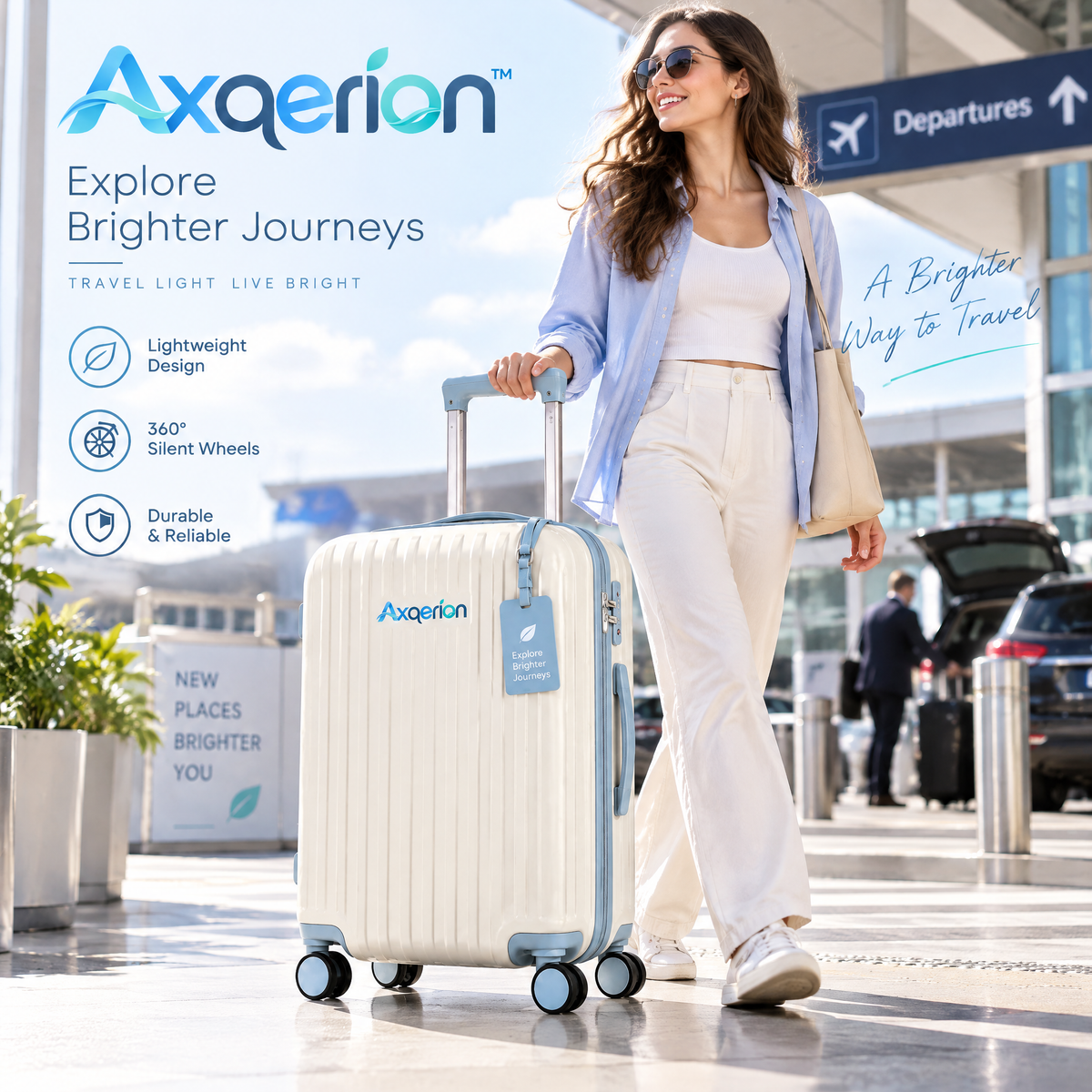Axqerion™ Ivory Spinner Suitcase with Blue Luggage Tag — lifestyle
