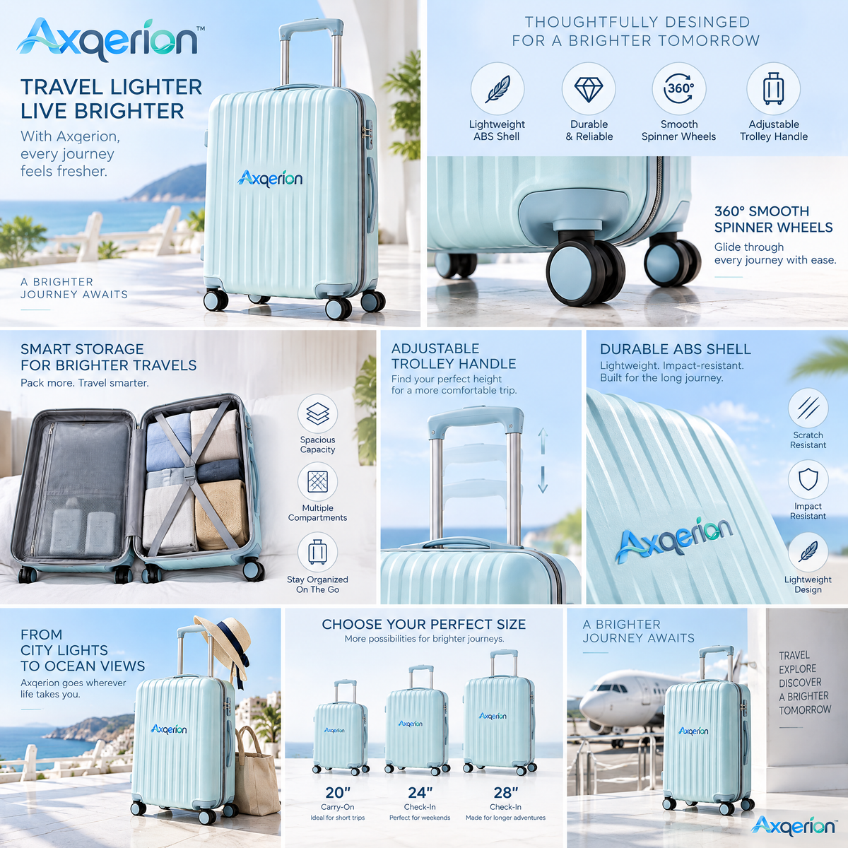 Axqerion™ Ice Blue Ribbed Hardside Spinner Suitcase — features